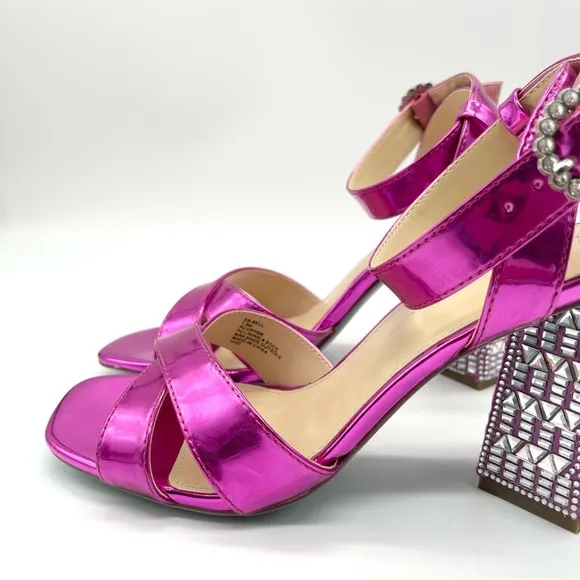Betsey Johnson Women's Bell Heel Fuchsia Patent Silver Strappy Dressy Sandal 7.5
