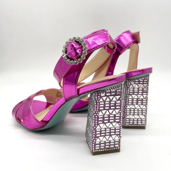 Betsey Johnson Women's Bell Heel Fuchsia Patent Silver Strappy Dressy Sandal 7.5