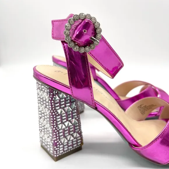 Betsey Johnson Women's Bell Heel Fuchsia Patent Silver Strappy Dressy Sandal 7.5
