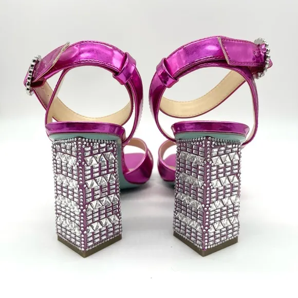 Betsey Johnson Women's Bell Heel Fuchsia Patent Silver Strappy Dressy Sandal 7.5