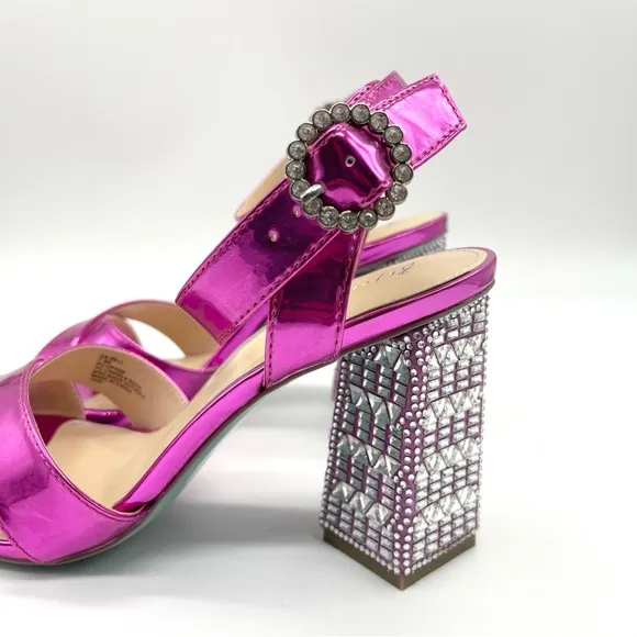 Betsey Johnson Women's Bell Heel Fuchsia Patent Silver Strappy Dressy Sandal 7.5
