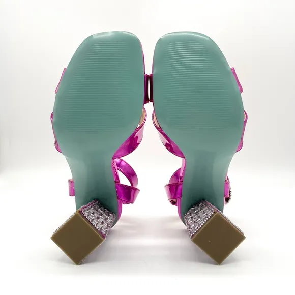Betsey Johnson Women's Bell Heel Fuchsia Patent Silver Strappy Dressy Sandal 7.5