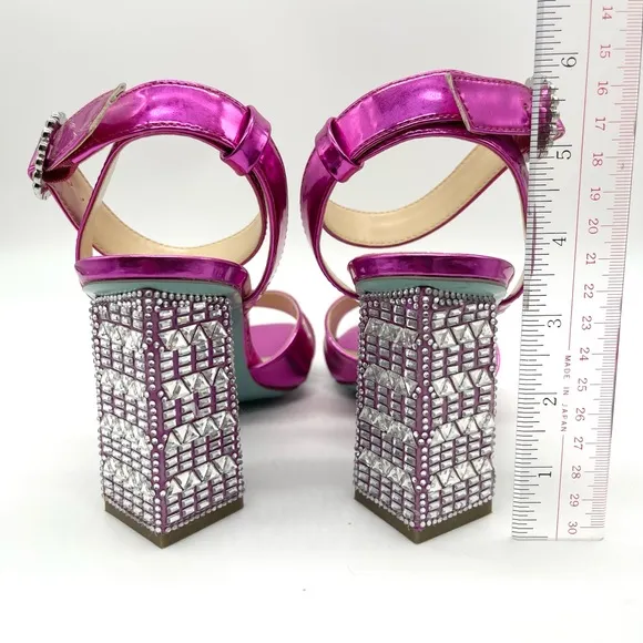 Betsey Johnson Women's Bell Heel Fuchsia Patent Silver Strappy Dressy Sandal 7.5