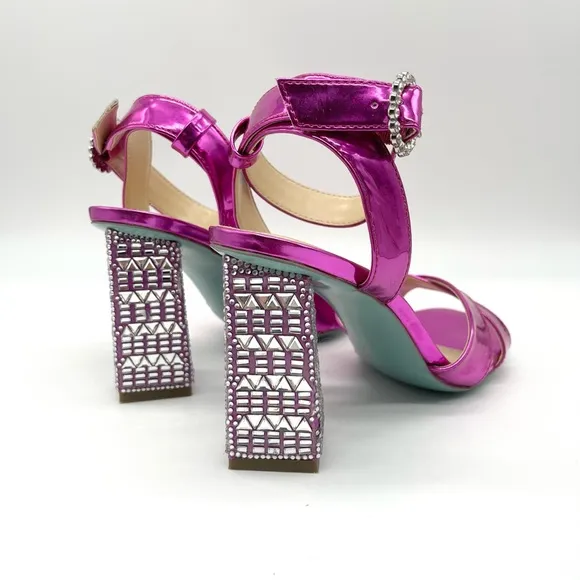 Betsey Johnson Women's Bell Heel Fuchsia Patent Silver Strappy Dressy Sandal 7.5