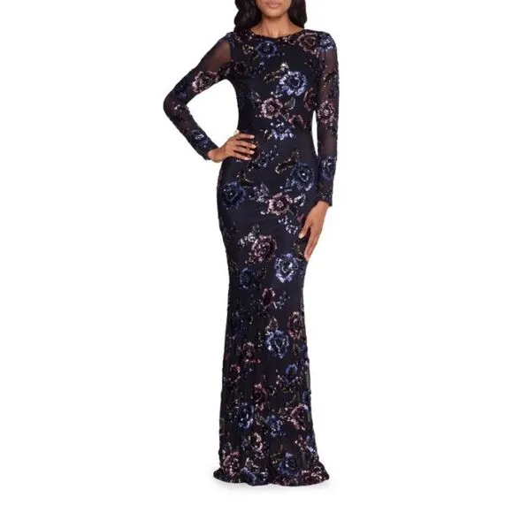 Betsy and Adam Floral Sequin Sheath Gown size 14