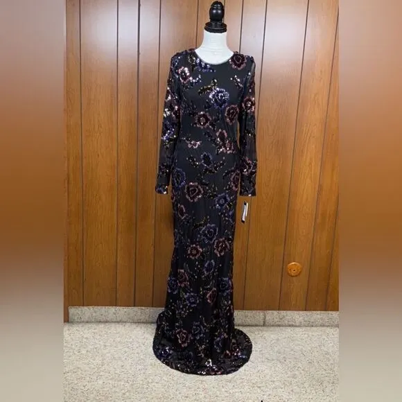 Betsy and Adam Floral Sequin Sheath Gown size 14