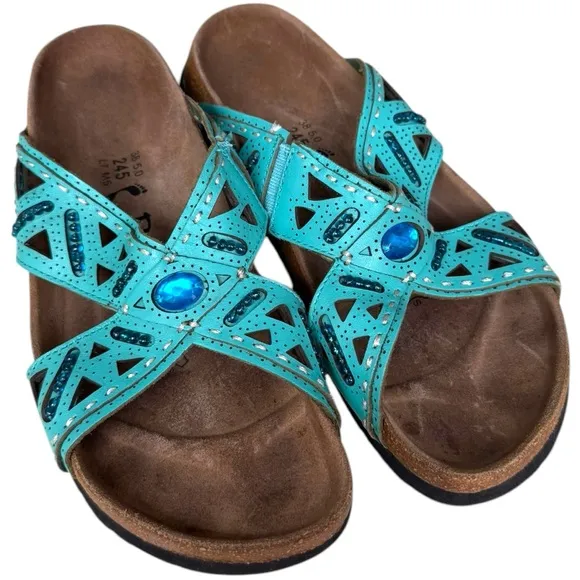 Betula Turquoise Jeweled Cutout Cork Footbed Sandals – Women’s Size 7 / EU 38