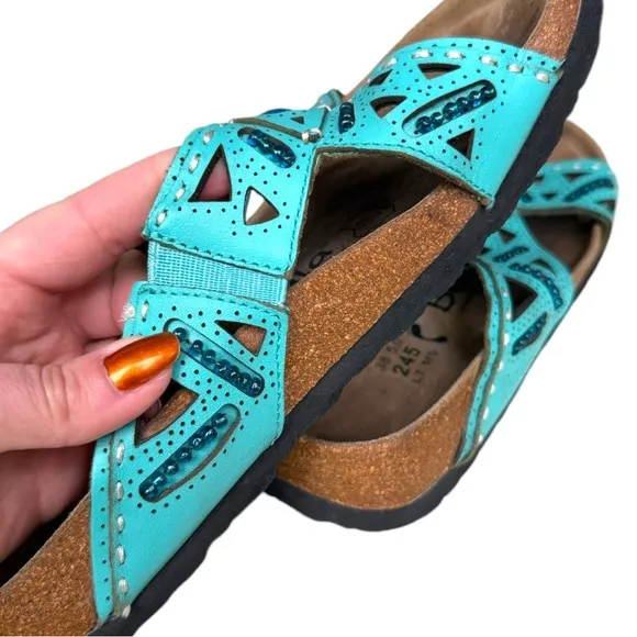 Betula Turquoise Jeweled Cutout Cork Footbed Sandals – Women’s Size 7 / EU 38