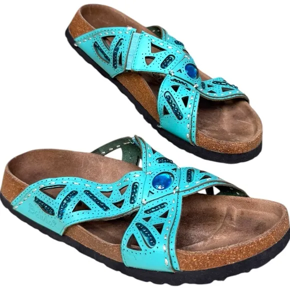 Betula Turquoise Jeweled Cutout Cork Footbed Sandals – Women’s Size 7 / EU 38