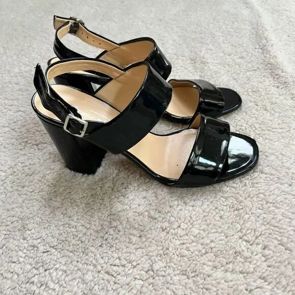 BiancaDi Black Patent Leather Open Toe Slingback Heel, Size 39 (US 6)
