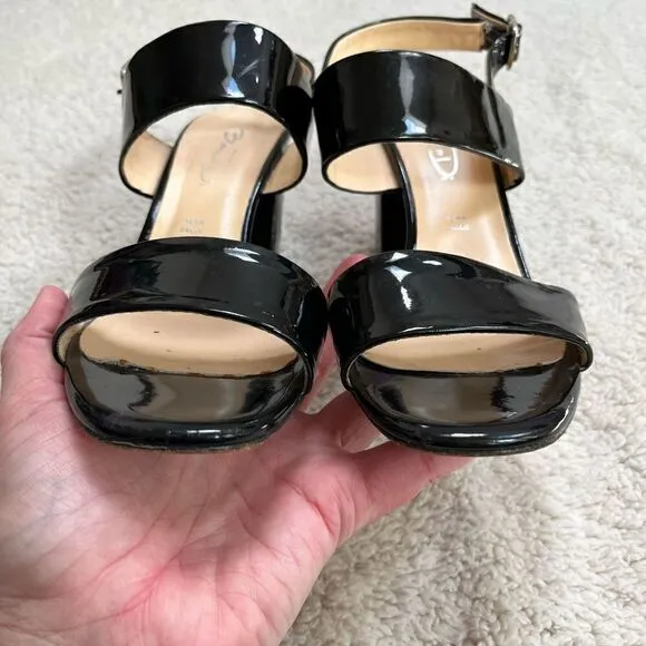 BiancaDi Black Patent Leather Open Toe Slingback Heel, Size 39 (US 6)