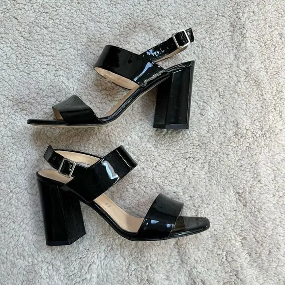 BiancaDi Black Patent Leather Open Toe Slingback Heel, Size 39 (US 6)