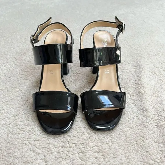 BiancaDi Black Patent Leather Open Toe Slingback Heel, Size 39 (US 6)