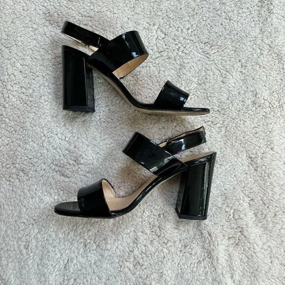 BiancaDi Black Patent Leather Open Toe Slingback Heel, Size 39 (US 6)