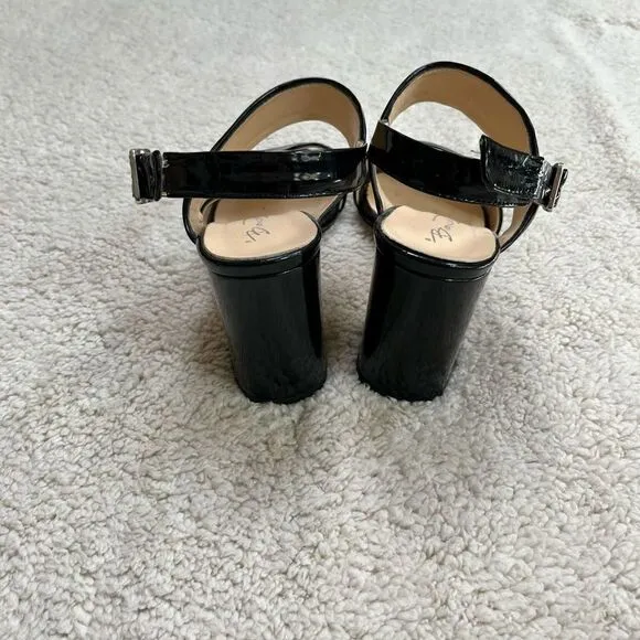 BiancaDi Black Patent Leather Open Toe Slingback Heel, Size 39 (US 6)