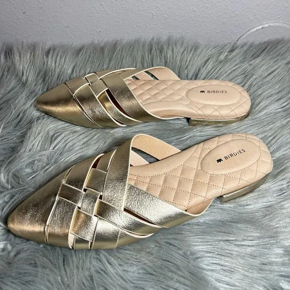 Birdies Dove Woven Leather Mule Slippers Women's Gold Woven Mules Size 10