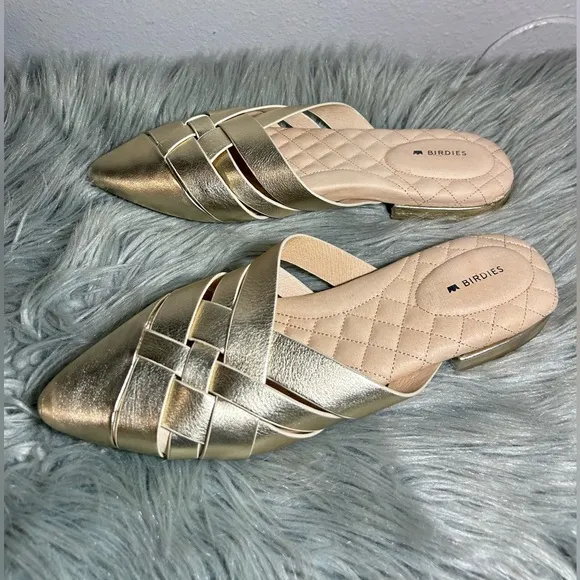 Birdies Dove Woven Leather Mule Slippers Women's Gold Woven Mules Size 10