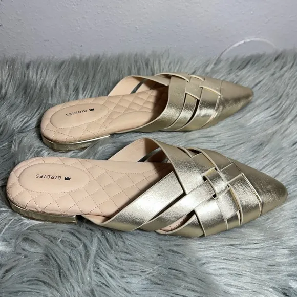 Birdies Dove Woven Leather Mule Slippers Women's Gold Woven Mules Size 10