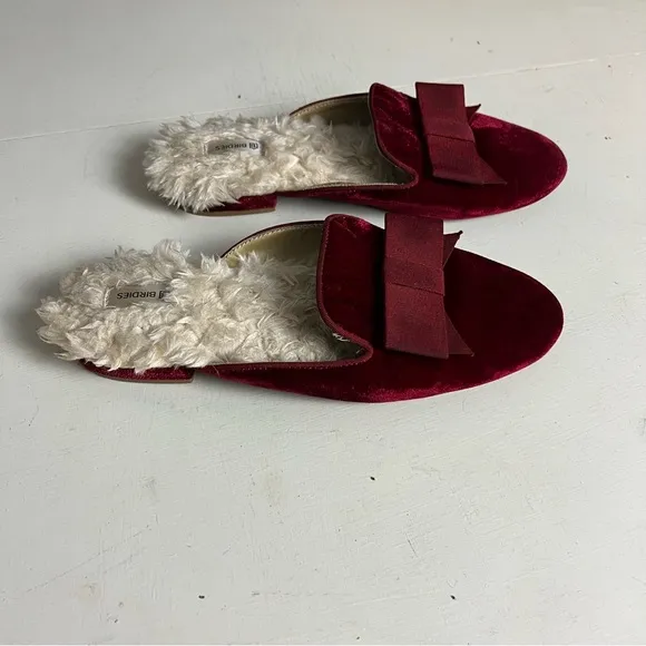 BIRDIES- The Phoebe Faux Fur Red Velvet Bow Tie Slip On Sandal