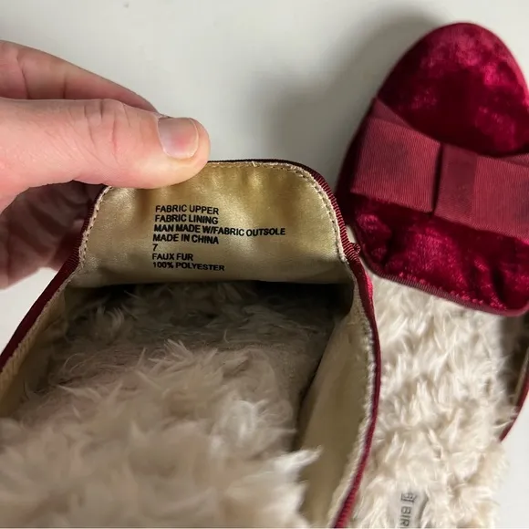 BIRDIES- The Phoebe Faux Fur Red Velvet Bow Tie Slip On Sandal