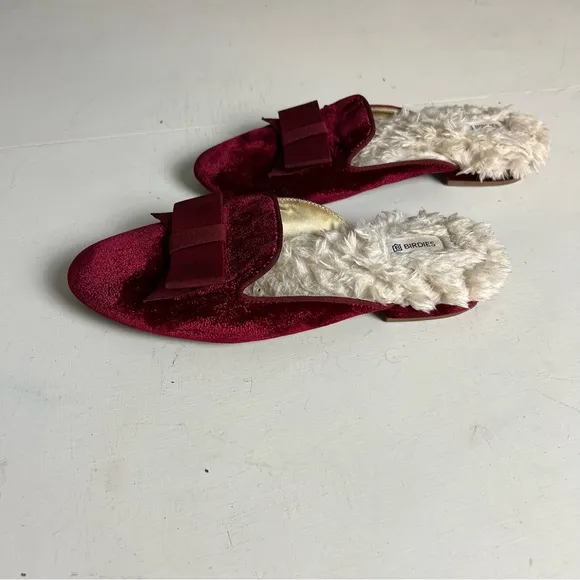 BIRDIES- The Phoebe Faux Fur Red Velvet Bow Tie Slip On Sandal