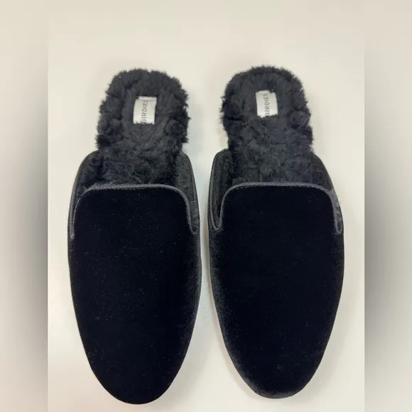 Birdies Women’s The Phoebe Black Velvet Faux Fur Slippers - Size 9
