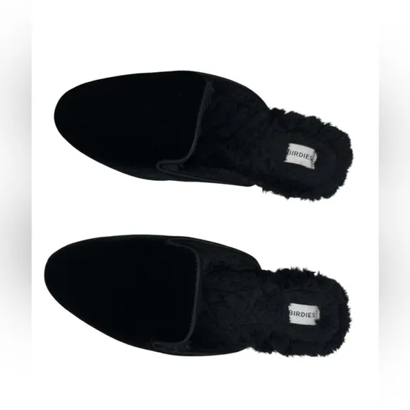 Birdies Women’s The Phoebe Black Velvet Faux Fur Slippers - Size 9