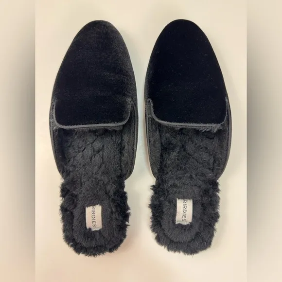 Birdies Women’s The Phoebe Black Velvet Faux Fur Slippers - Size 9