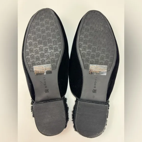 Birdies Women’s The Phoebe Black Velvet Faux Fur Slippers - Size 9