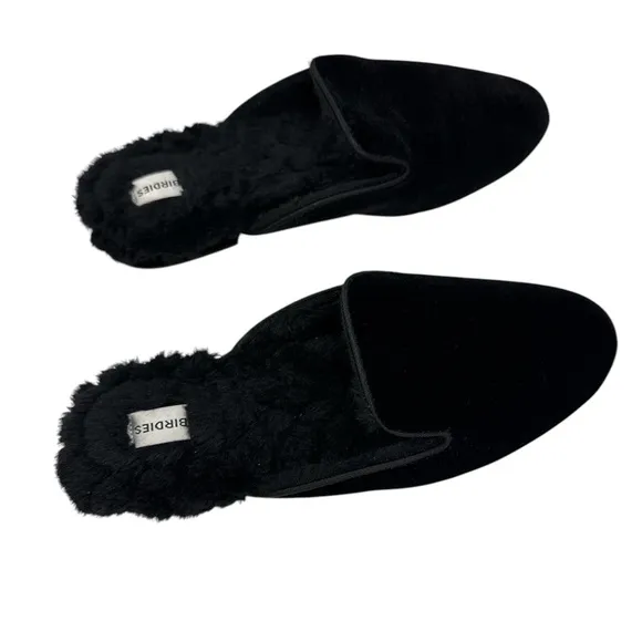 Birdies Women’s The Phoebe Black Velvet Faux Fur Slippers - Size 9