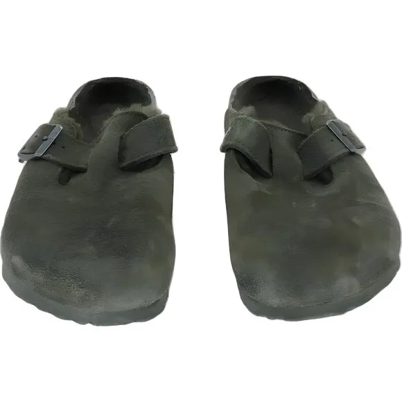 Birkenstock Boston Shearling Olive Suede Slippers EU 41