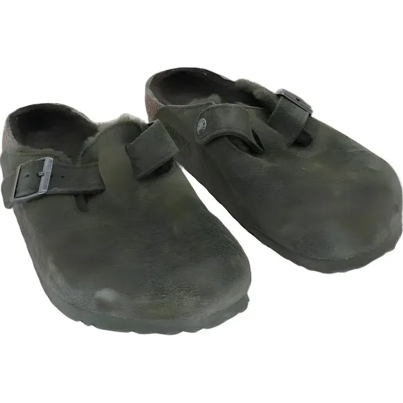 Birkenstock Boston Shearling Olive Suede Slippers EU 41