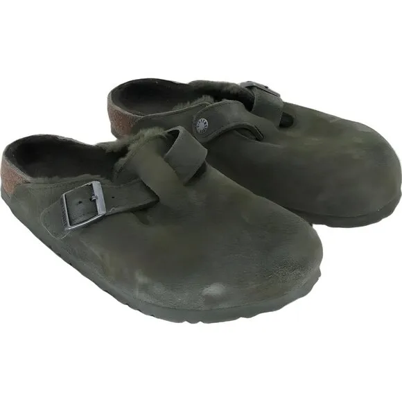 Birkenstock Boston Shearling Olive Suede Slippers EU 41