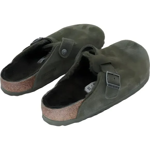 Birkenstock Boston Shearling Olive Suede Slippers EU 41