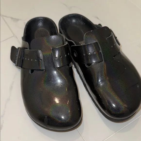 Birkenstock Glossy Black iridescent Rick Owen designed Boston Clogs shoes EU 37