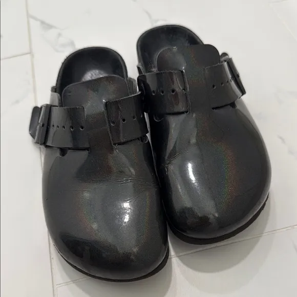 Birkenstock Glossy Black iridescent Rick Owen designed Boston Clogs shoes EU 37