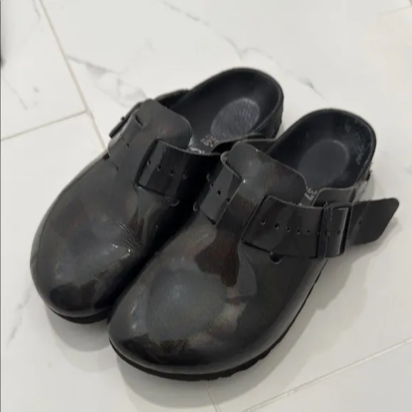 Birkenstock Glossy Black iridescent Rick Owen designed Boston Clogs shoes EU 37