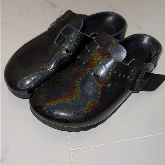 Birkenstock Glossy Black iridescent Rick Owen designed Boston Clogs shoes EU 37