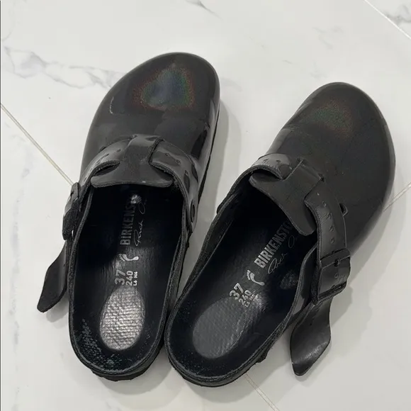 Birkenstock Glossy Black iridescent Rick Owen designed Boston Clogs shoes EU 37