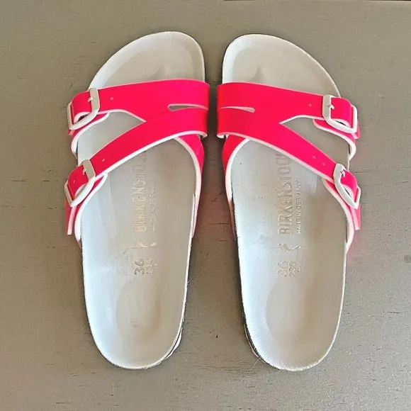 Birkenstock Sandals 36 5.5 6 Hot Neon Pink Patent Yao Slide Sandal New!