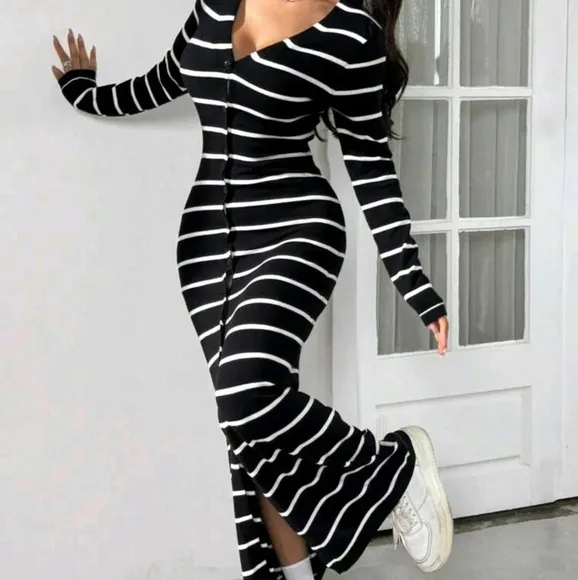 Black And White Striped Long Cardigan, Slim Fit, Autumn/Winter