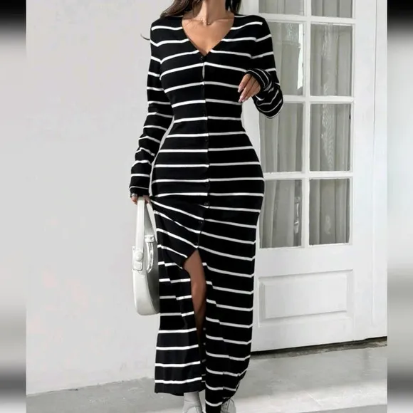 Black And White Striped Long Cardigan, Slim Fit, Autumn/Winter