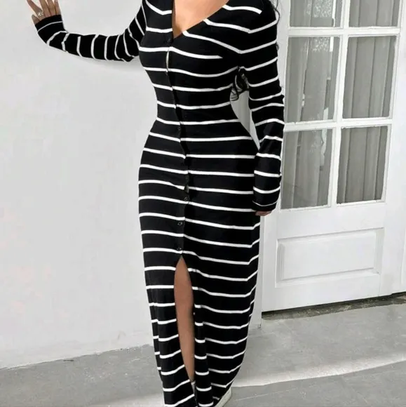 Black And White Striped Long Cardigan, Slim Fit, Autumn/Winter