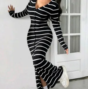 Black And White Striped Long Cardigan, Slim Fit, Autumn/Winter