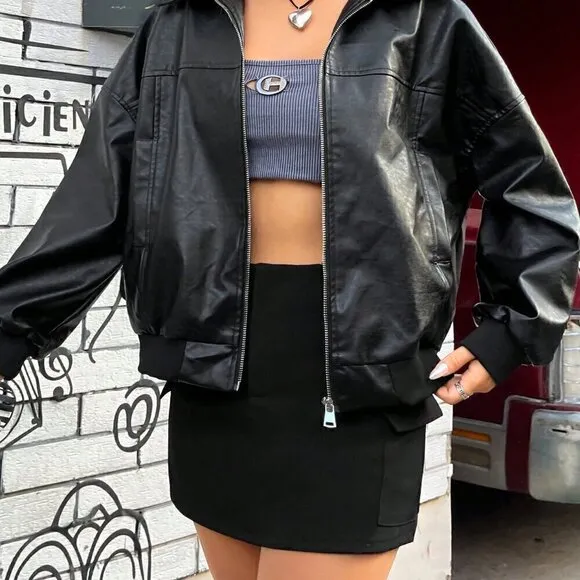 Black Casual Women's Drop Shoulder Zipper Patent Jacket