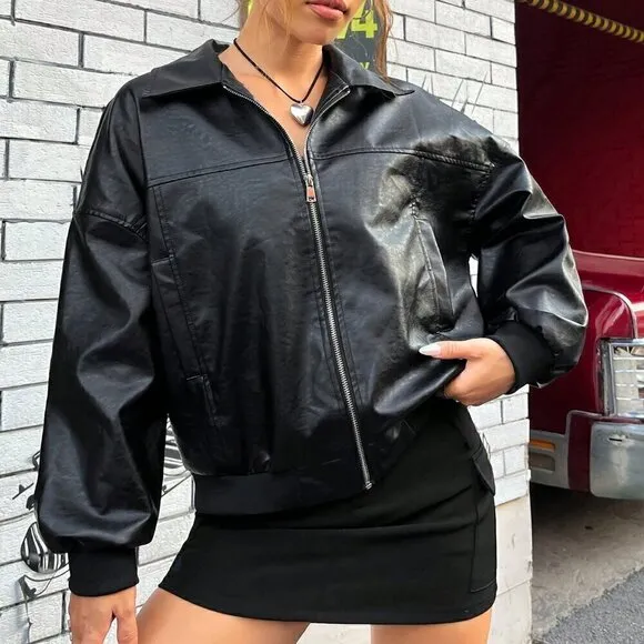 Black Casual Women's Drop Shoulder Zipper Patent Jacket