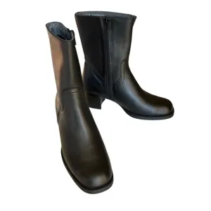 Black Chunky Heel Boots, Black Leather Mid Calf, Classic Design Boots, Y2K NWOT