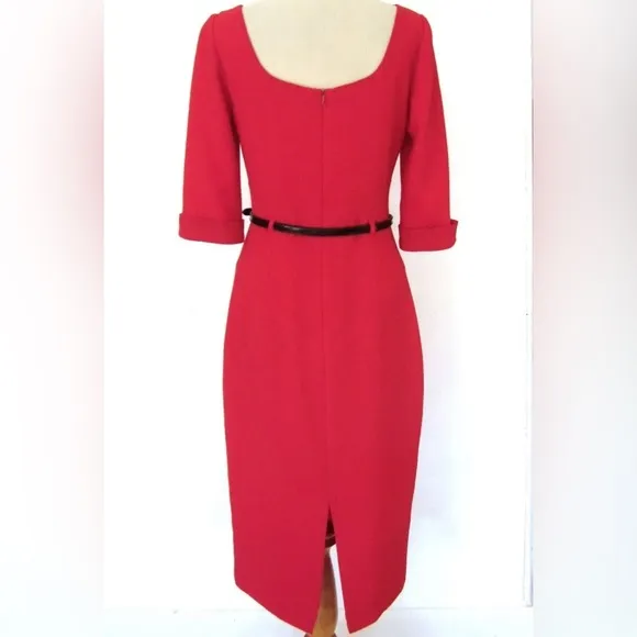 Black Halo Red Pink Belted Jackie O 3/4 Sleeve Dress Crepe Textured Size 4