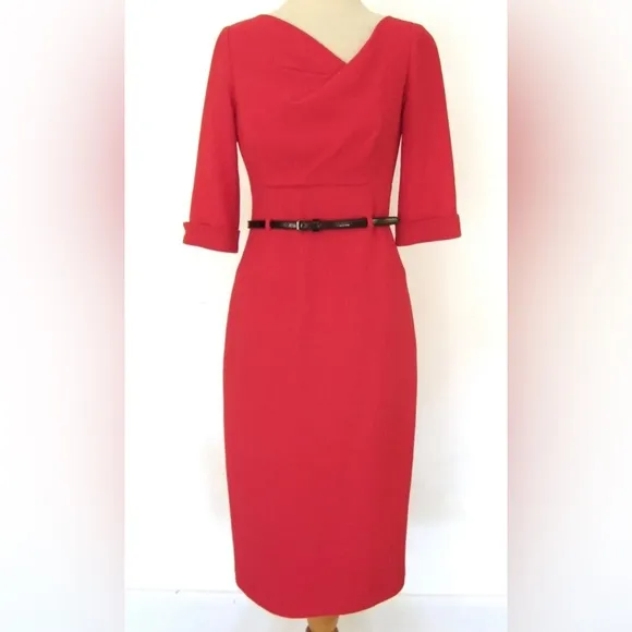 Black Halo Red Pink Belted Jackie O 3/4 Sleeve Dress Crepe Textured Size 4