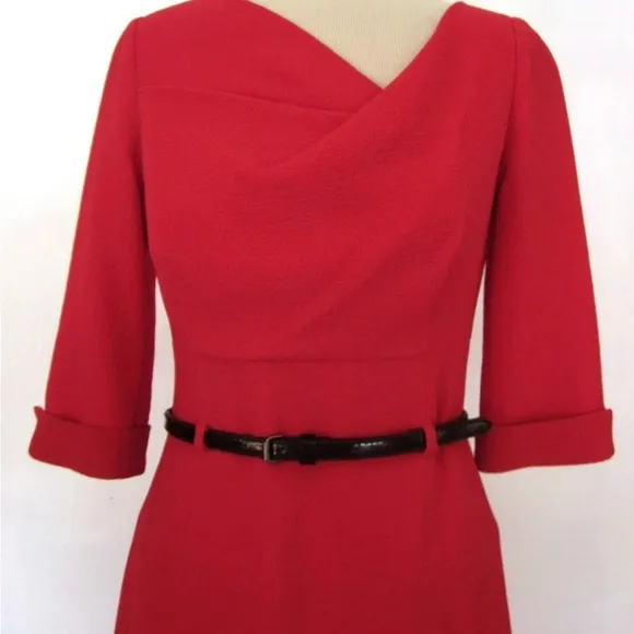 Black Halo Red Pink Belted Jackie O 3/4 Sleeve Dress Crepe Textured Size 4